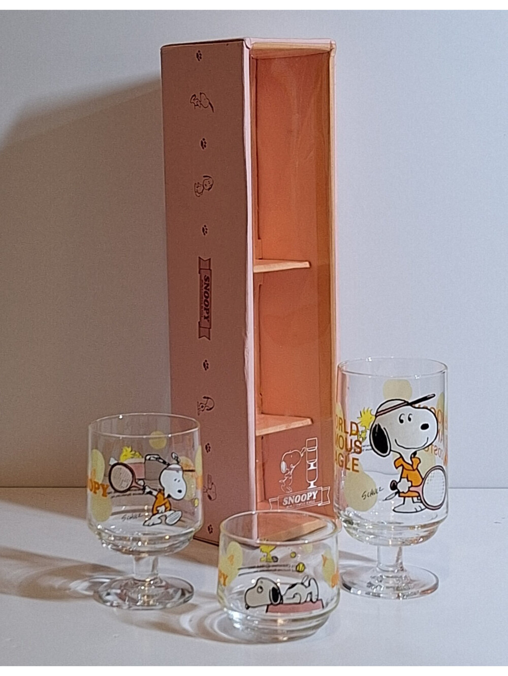 Vintage Snoopy Sasaki Glass Trio Set M49-1229 Determined Productions Boxed